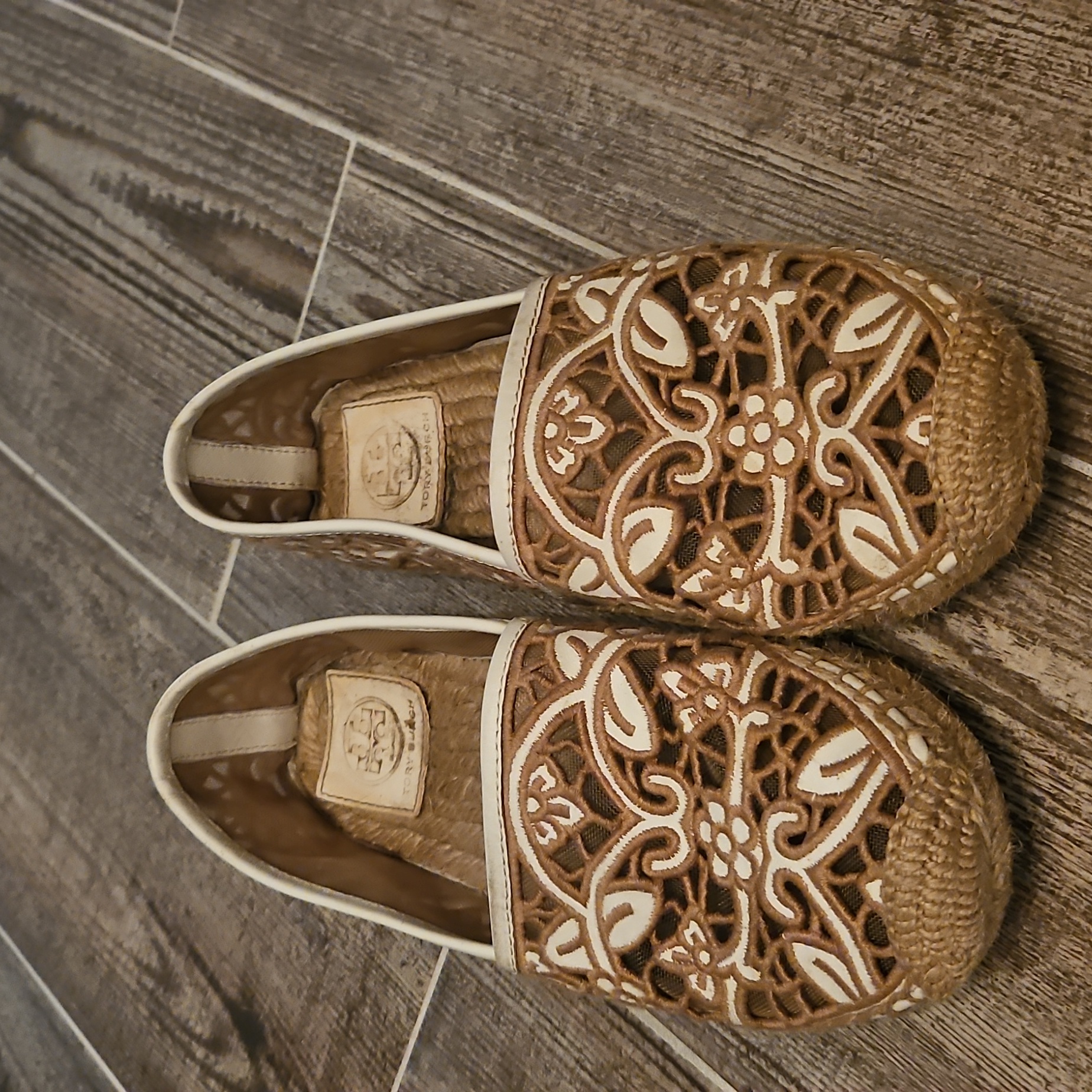 Tory Burch Lucia Lace Cream And Tan Espadrilles Leather And Lace